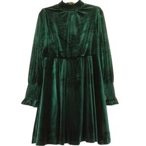 In Loom Emerald Green Velvet Smocked Sleeve Fit & Flare Dress L NWT